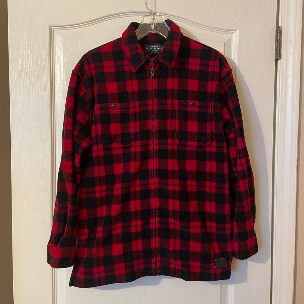 Lauren Ralph Lauren Full Zip Jacket Red Black Buffalo Plaid Fleece Size M Petite
